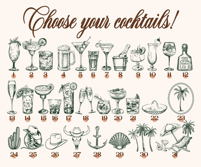 Puede incluir: Un gr&aacute;fico imprimible con 31 ilustraciones diferentes sobre el tema de los c&oacute;cteles y los bares. El gr&aacute;fico se titula "&iexcl;Elige tus c&oacute;cteles!" e incluye im&aacute;genes de c&oacute;cteles, bebidas, herramientas de bar y otros art&iacute;culos relacionados.