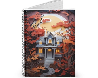 May include: Spiral-bound notebook featuring a detailed illustration of a house at dusk. The house is blue and white, with warm yellow lights in the windows. The scene is framed by orange autumn foliage and a large, yellow moon in the background.