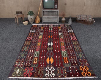 5,9 x 10,2 ft vintage Turks tapijt, groot vloerkleed, rood wollen vloerkleed