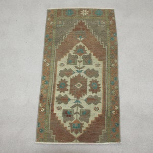 Turkish Small Rug 1.4x2.7 ft, Brown Bordered Vintage Wool Rug