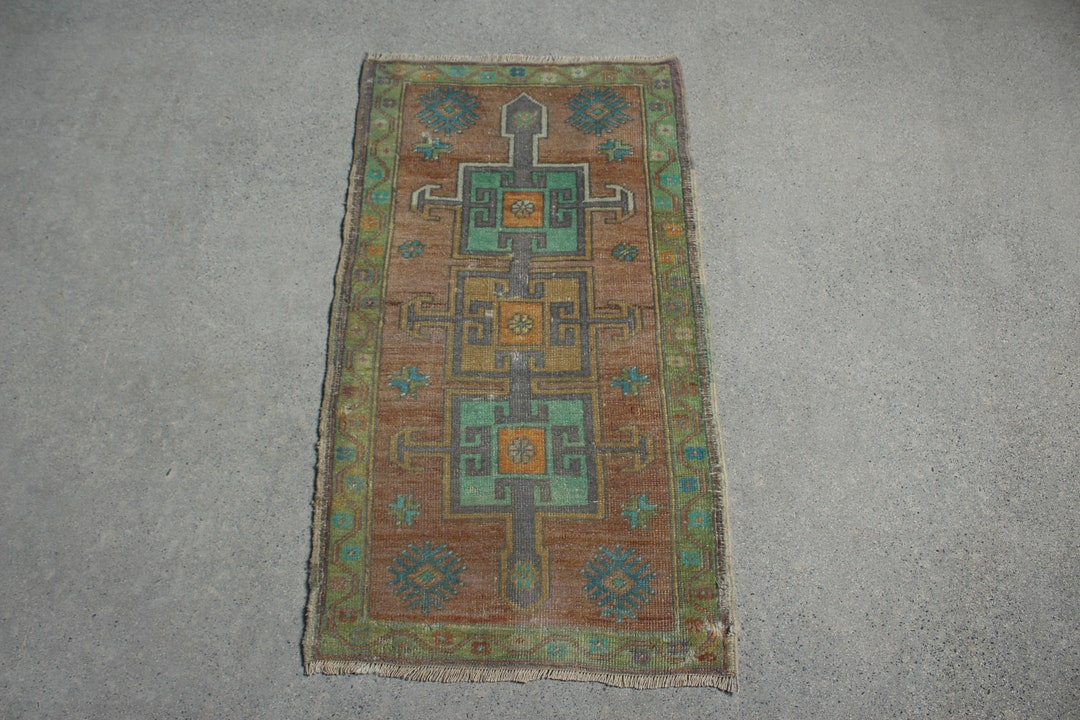 Vintage Rug Turkish Small Antique Rugs for Bathroom 1.7x3.2 Ft Brown