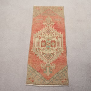 Vintage Rug Turkish Small Rugs Oushak For Bathroom 1.3x3.2 ft Red Floor Handwoven Door Mat Oriental Home Decor Handmade Muted Antique