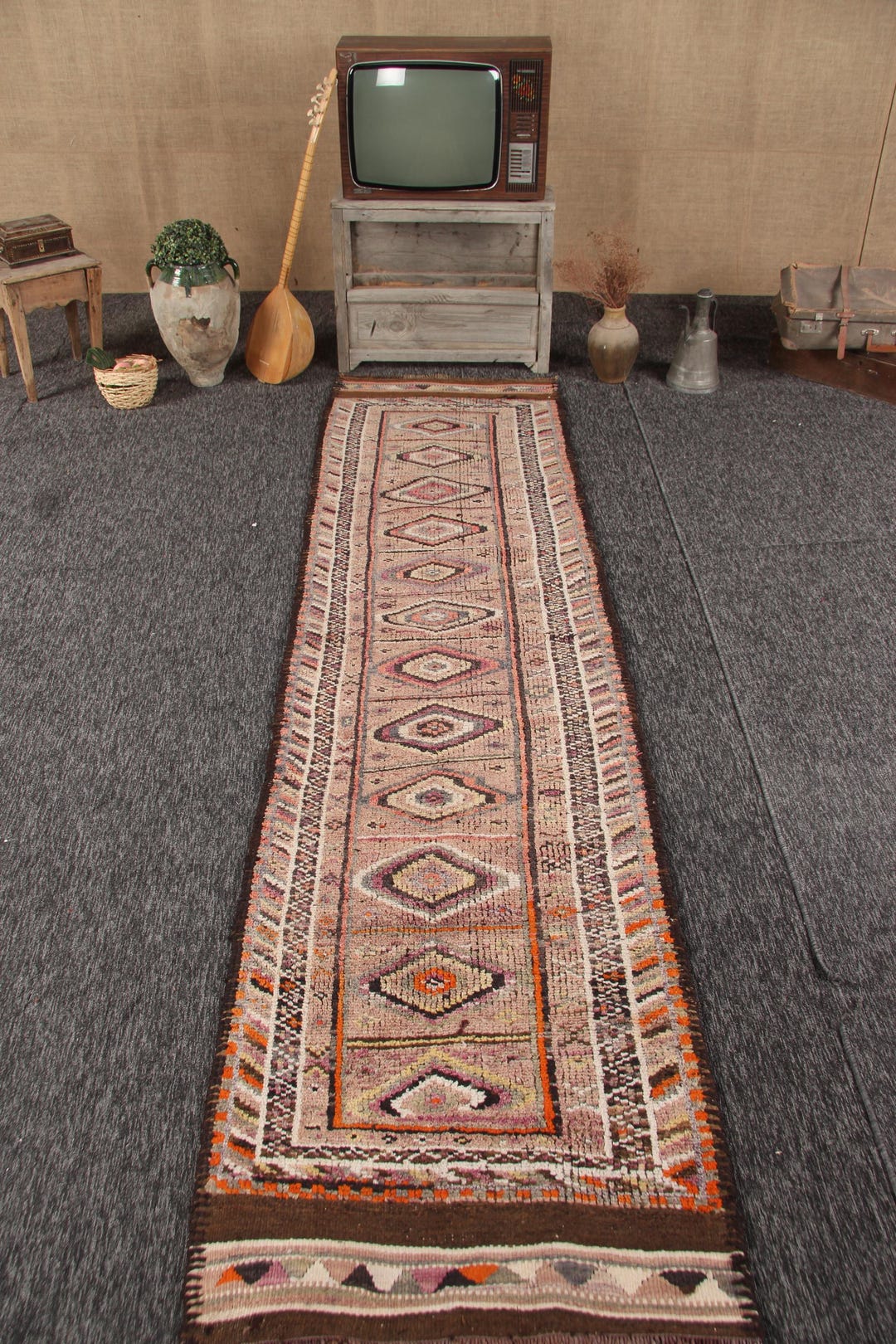 Turkish 2.8x10.8 Ft Rug, Runner Vintage Rug, Brown Southwestern Wool ...