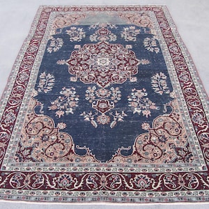 Vintage Rug, Turkish Rug, 6x9 Large Rug, Anatolian Rug, Rugs For Living Room, 6.2x9.3 ft Navy Rug, Decorative Wool Rug, Large Oushak Rug