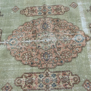 Handwoven Turkish Extra Large Rug, Oushak Carpet, Green and Pink Medallion Rug, 7.3 x 10.7 ft, Vintage Hand Knotted Living Room Rug image 6