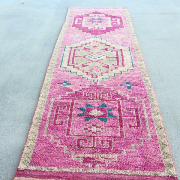 Herki Rug Vintage Runner Turkish Anatolian Rugs For Corridor 3.2x12 ft Pink Kitchen Turkish Rug Wool Abstract Antique Handmade Distressed