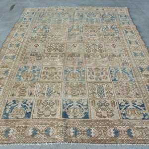 Vintage Turkish Area Rug, 7x10ft, Intricate Geometric Design, Beige and Blue Tones, Elegant Home Decor, Handwoven Carpet