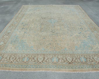 May include: A large rectangular area rug featuring a central medallion and intricate floral patterns in shades of beige, tan, and light blue. The rug has a wide decorative border with scrolling motifs and a short fringe along the edges.