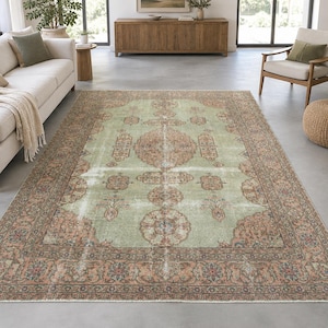 Handwoven Turkish Extra Large Rug, Oushak Carpet, Green and Pink Medallion Rug, 7.3 x 10.7 ft, Vintage Hand Knotted Living Room Rug image 1