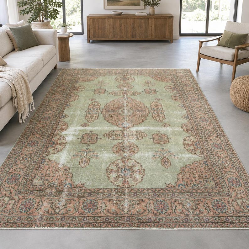 Handwoven Turkish Extra Large Rug, Oushak Carpet, Green and Pink Medallion Rug, 7.3 x 10.7 ft, Vintage Hand Knotted Living Room Rug image 1