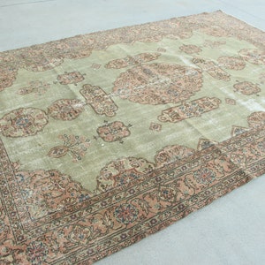 Handwoven Turkish Extra Large Rug, Oushak Carpet, Green and Pink Medallion Rug, 7.3 x 10.7 ft, Vintage Hand Knotted Living Room Rug image 4