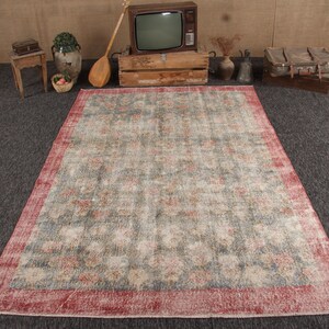 Alfombra turca vintage de 195 x 285 cm (6,4 x 9,4 pies), alfombra ikat roja y gris.