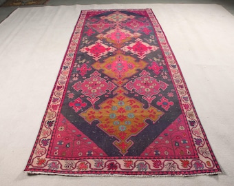 Vintage Turkish Runner Rug, 4x11ft, Bold Pink and Yellow Geometric Patterns, Handmade Floor Decor, Unique Bohemian Style
