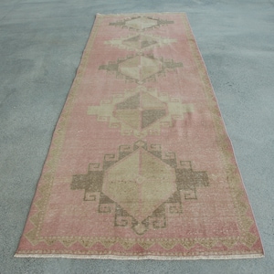 Vintage Rug, Turkish Rug, Runner Rugs, Muted Oushak Rugs, Rugs For Corridor, 3.8x11.6 ft Pink Rug, Stair Rug, Tribal Rug Runner,  216
