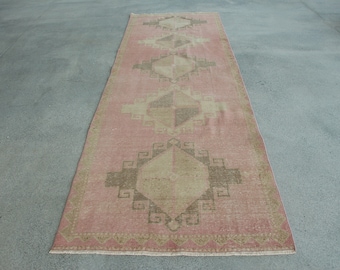 Vintage Rug, Turkish Rug, Runner Rugs, Muted Oushak Rugs, Rugs For Corridor, 3.8x11.6 ft Pink Rug, Stair Rug, Tribal Rug Runner,  216