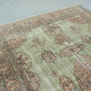 Handwoven Turkish Extra Large Rug, Oushak Carpet, Green and Pink Medallion Rug, 7.3 x 10.7 ft, Vintage Hand Knotted Living Room Rug image 9