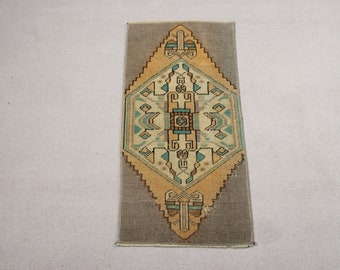 Turkish Rug Small Vintage Antique Rugs For Entry 1.1x2.3 ft Gray Colorful Oushak Bathroom Cute Vintage Handmade Wool Pastel Outdoor Cool