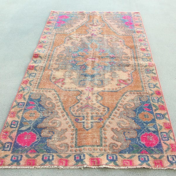 Carpette oushak turc vintage pour salon 3,8 x 7,2 pi décor anatolien rouge laine décorative pâle personnalisé dortoir tissage plat bohème naturel