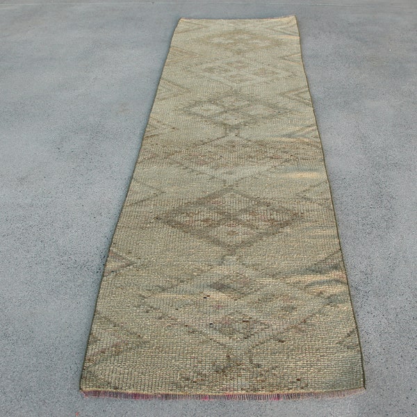 Vintage Rug, Herki Rug, Runner Rug, Turkish Rug, Corridor Rug, Rugs For Stair, 2.7x9 ft Green Rug, Kitchen Rugs, Wool Runner Rug,  717