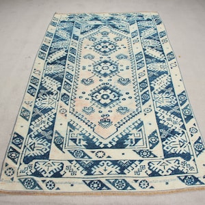 Vintage Area Rug, 3.9x6.9 ft Turkish Rug, Blue Wool Rug