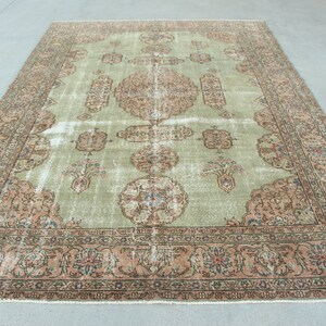 Handwoven Turkish Extra Large Rug, Oushak Carpet, Green and Pink Medallion Rug, 7.3 x 10.7 ft, Vintage Hand Knotted Living Room Rug image 2