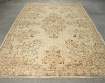 Turkish Rug Oversize Rugs Vintage Antique For Dining Room 6.9x10.2 ft Beige Floral Oushak Distressed Anatolian Bright Old Colorful Wool