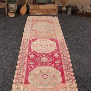Alfombra turca de 3,4 x 10,3 pies, alfombra de pasillo vintage, alfombra de lana con degradado rojo y rosa.