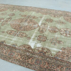 Handwoven Turkish Extra Large Rug, Oushak Carpet, Green and Pink Medallion Rug, 7.3 x 10.7 ft, Vintage Hand Knotted Living Room Rug image 5