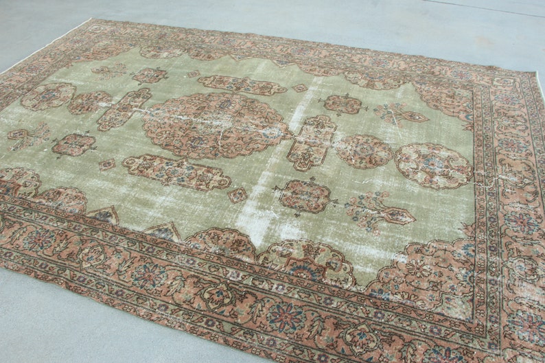Handwoven Turkish Extra Large Rug, Oushak Carpet, Green and Pink Medallion Rug, 7.3 x 10.7 ft, Vintage Hand Knotted Living Room Rug image 5