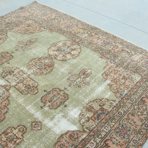 Handwoven Turkish Extra Large Rug, Oushak Carpet, Green and Pink Medallion Rug, 7.3 x 10.7 ft, Vintage Hand Knotted Living Room Rug image 8
