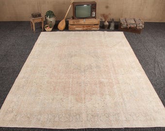 May include: A large rectangular area rug featuring a faded, muted color palette of soft pink, beige, and light gray. The rug displays a central medallion design surrounded by intricate, worn floral patterns and a wide, detailed border.