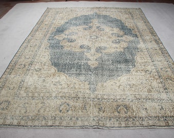 Turkish Rug Vintage Oversize Oushak Rugs For Living Room 7.2x10.2 ft Navy Wool Decorative Medallion Design Designer Organic Farmhouse Decor