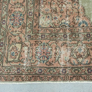 Handwoven Turkish Extra Large Rug, Oushak Carpet, Green and Pink Medallion Rug, 7.3 x 10.7 ft, Vintage Hand Knotted Living Room Rug image 10