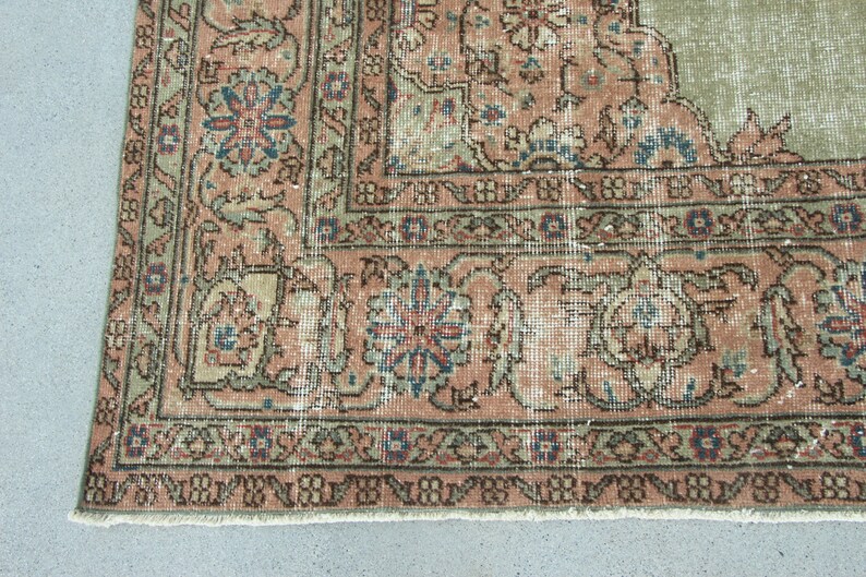 Handwoven Turkish Extra Large Rug, Oushak Carpet, Green and Pink Medallion Rug, 7.3 x 10.7 ft, Vintage Hand Knotted Living Room Rug image 10