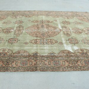 Handwoven Turkish Extra Large Rug, Oushak Carpet, Green and Pink Medallion Rug, 7.3 x 10.7 ft, Vintage Hand Knotted Living Room Rug image 3