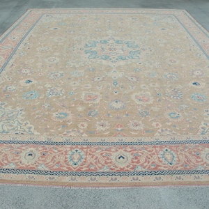 10x14ft Turkish Area Rug, Vintage Floral Design, Soft Pastel Colors, Elegant Beige and Blue, Living Room Decor