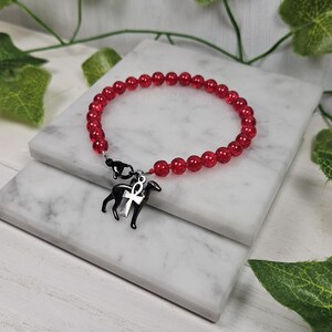 Op de afbeelding: Rode kralen armband met een zilveren bedel met een ankh en een gestileerde hond.
