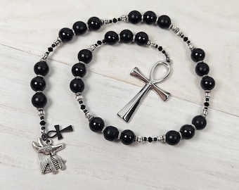 Anubis prayer beads made with 8mm onyx and frosted agate, Egyptian god, kemetic, Egyptian mythology