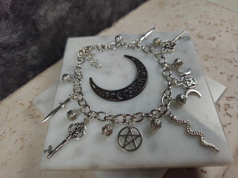 Hecate Charm Bracelet With Dagger Snakes Keys Triple Moon Wiccan Star