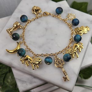18k Gold Plated Circe Charm Bracelet: Wire Wrapped Greek Mythology Jewelry
