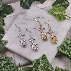 Artemis and Apollo earrings, bow and arrow, lyre, greek mythology, greek god and goddess, twin jewelry, deity based, hellenic