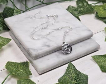 Eye of Horus necklace, egyptian mythology jewelry, ancient Egypt, .925 sterling silver plated chain, kemetic pagan, kemetism