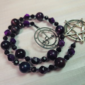 Lilith witches ladder style prayer beads for worship, conjuring, tribute, decoration made with glass beads and purple tigers eye