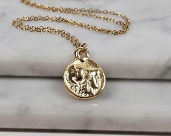Athena Coin Necklace, Greek Mythology, 18k Gold Plated