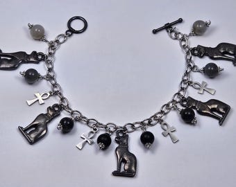 Bast, Bastet egyptian goddess charm bracelet. From the "Charmed" collection by JNJ. Witchy gift, mythology, cat, ankh jewelry,