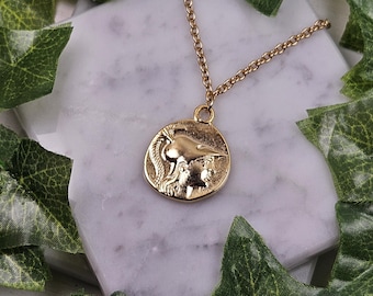 Athena Double-sided Coin Necklace: Gold Plated, Greek Mythology Jewelry