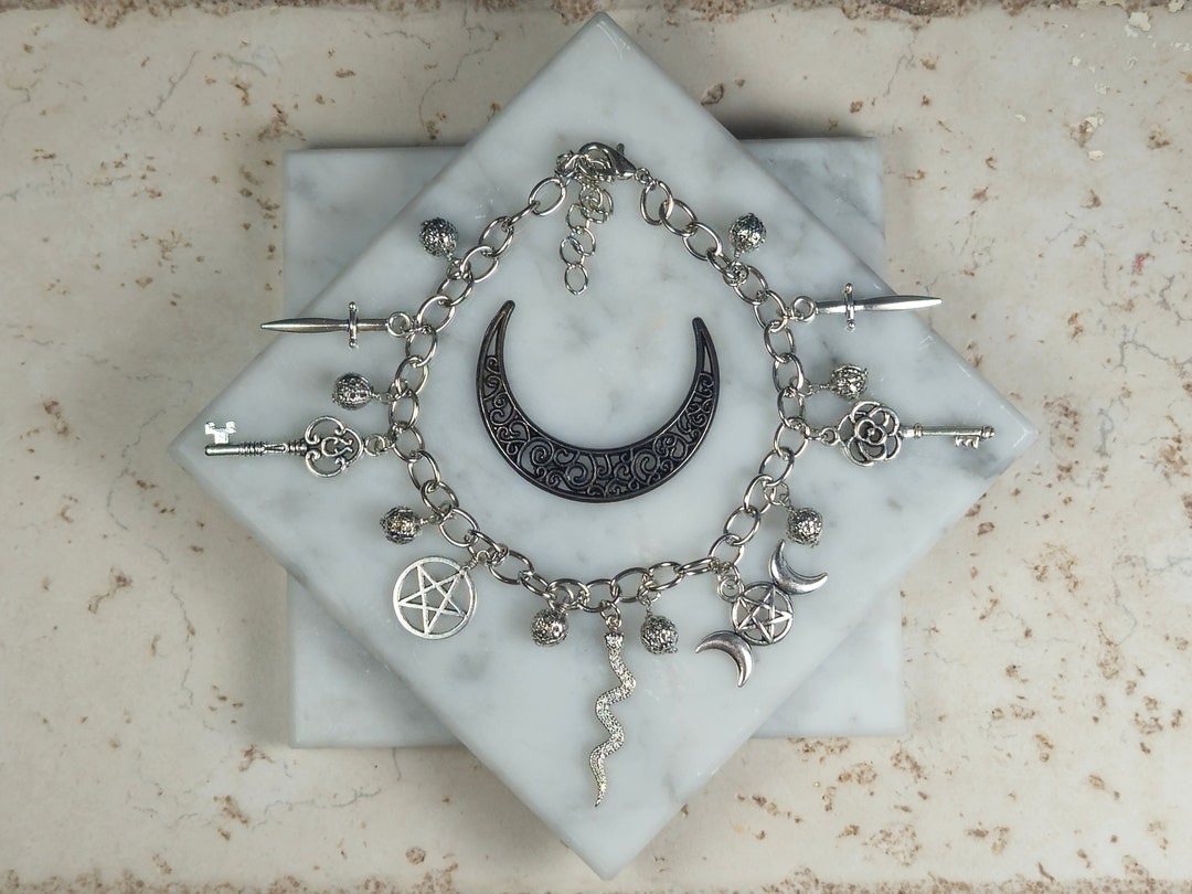 Hecate Charm Bracelet With Dagger Snakes Keys Triple Moon Wiccan Star