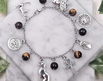 Bast charm bracelet, Bastet, egyptian goddess, egyptian mythology, cat goddess, kemetic pagan, devotional jewelry