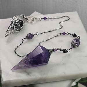 May include: A pendulum featuring a faceted purple amethyst crystal point attached to a dark metal chain. The chain includes small black and purple beads, a silver-toned pentacle charm, and a silver-toned bird skull pendant at the opposite end.