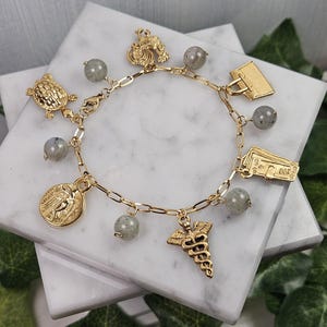 Hermes 18k gold plated wire wrapped charm bracelet, greek god of commerce, greek mythology, deity based devotional jewelry
